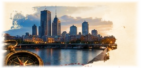 City skyline and compass