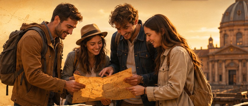 Friends looking at a treasure map